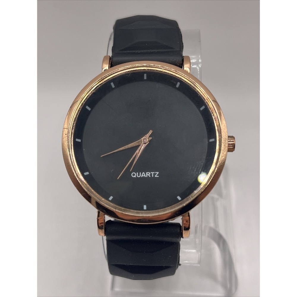 Unisex Quartz Watch Rose Gold 39mm Case Black Silicone Band- New Battery